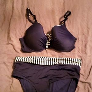 Navy blue and white bikini with high-waisted bottoms